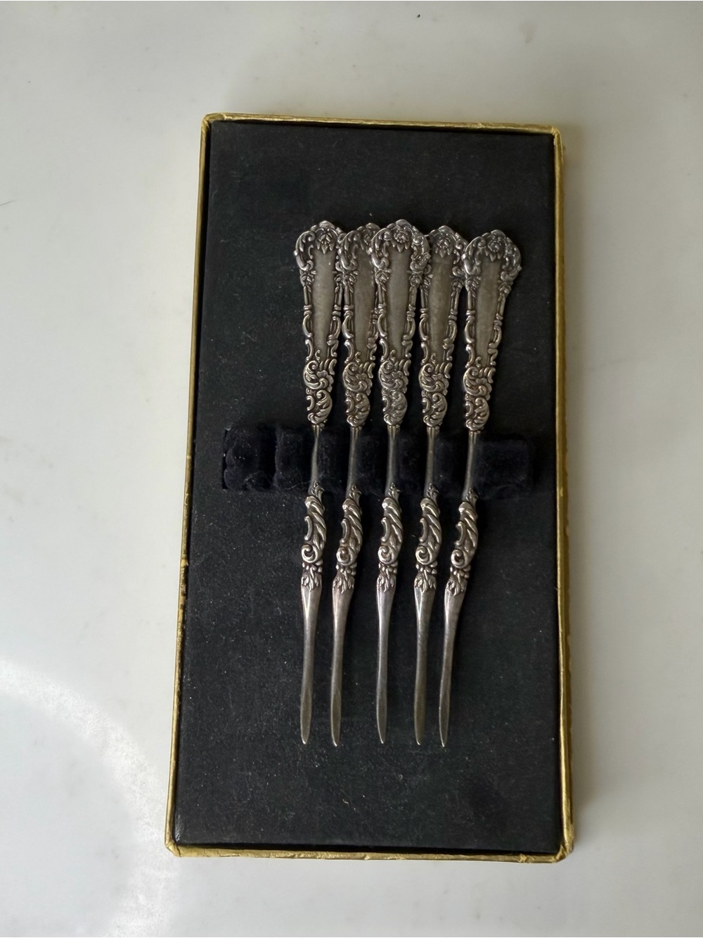 Vintage Set of 5 Ornate Silver-Color Cocktail or seafood Forks in baroque style